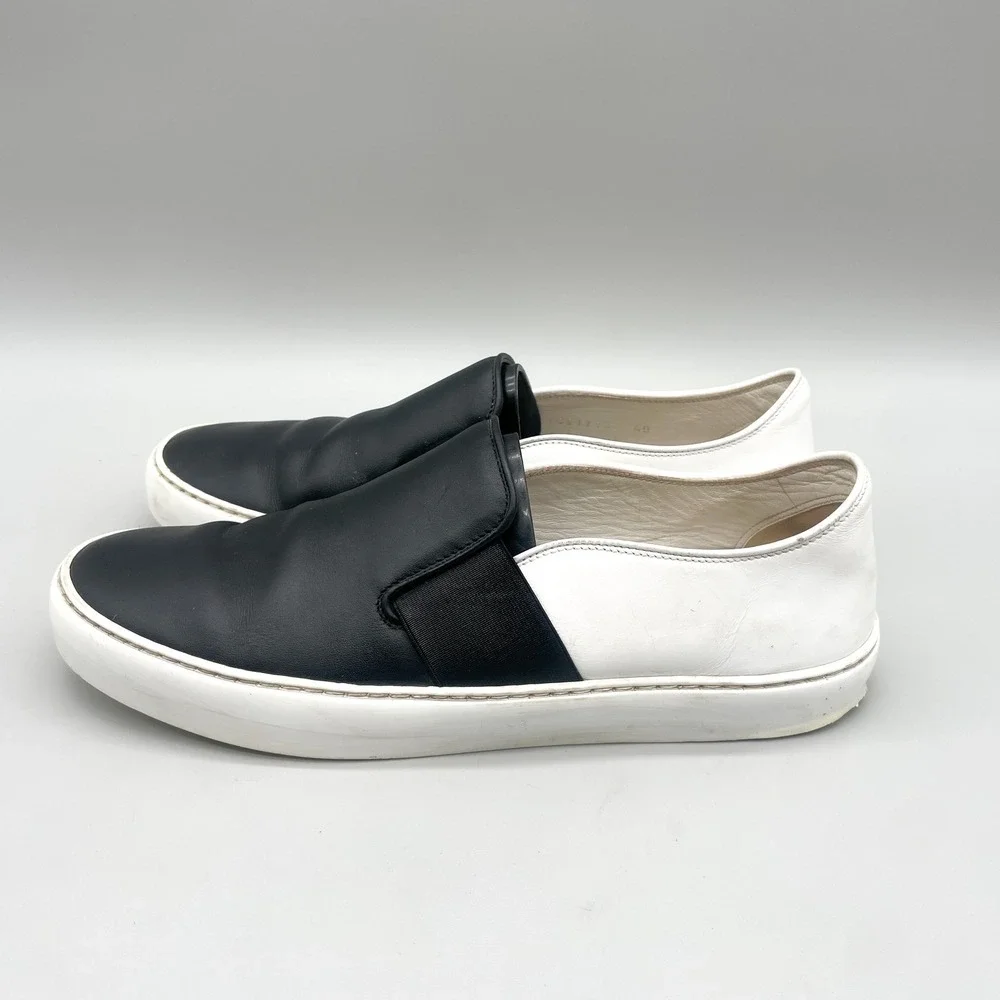 Chanel Womens 40 CC Logo Slip On Sneakers Black White Leather Tennis Preppy Chic